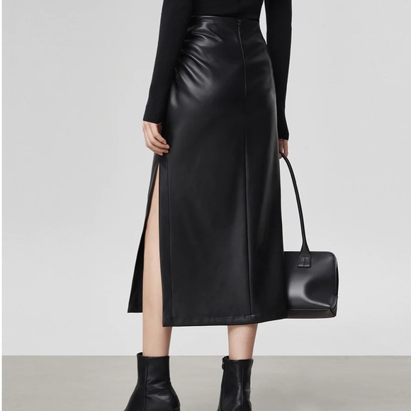 COMMONSENSE Faux Leather Ruched Slit Midi Skirt - Picture 2 of 6